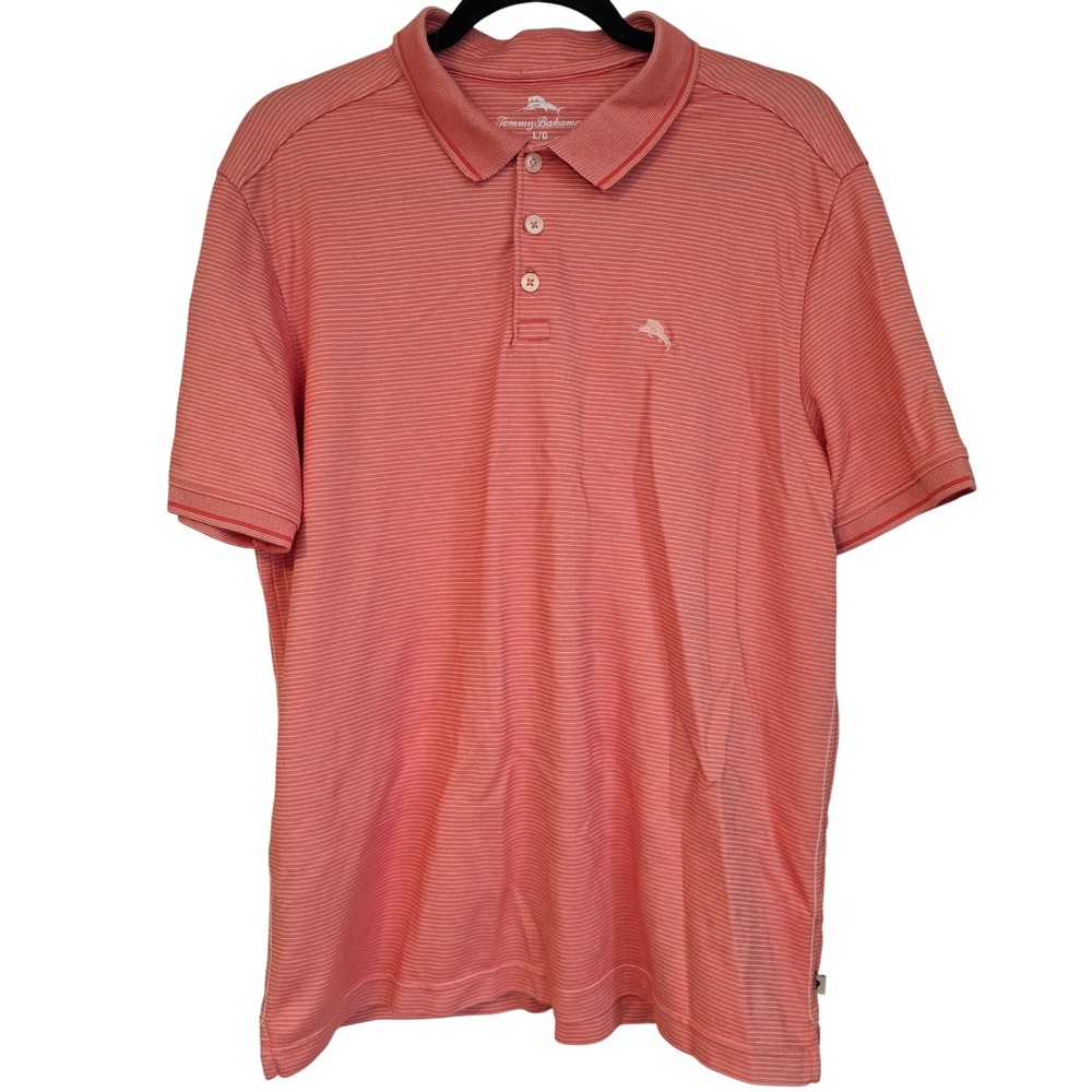 Tommy Bahama Polo Shirt Coral Stripe Emfielder Mens L G Short Sleeve Golf Casual